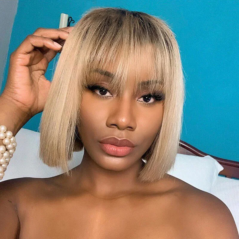 Bob wig with a pre - plucked hairline for a more natural lookBang Bob Dirty Root Honey Blonde Bob Wig Lace Wig