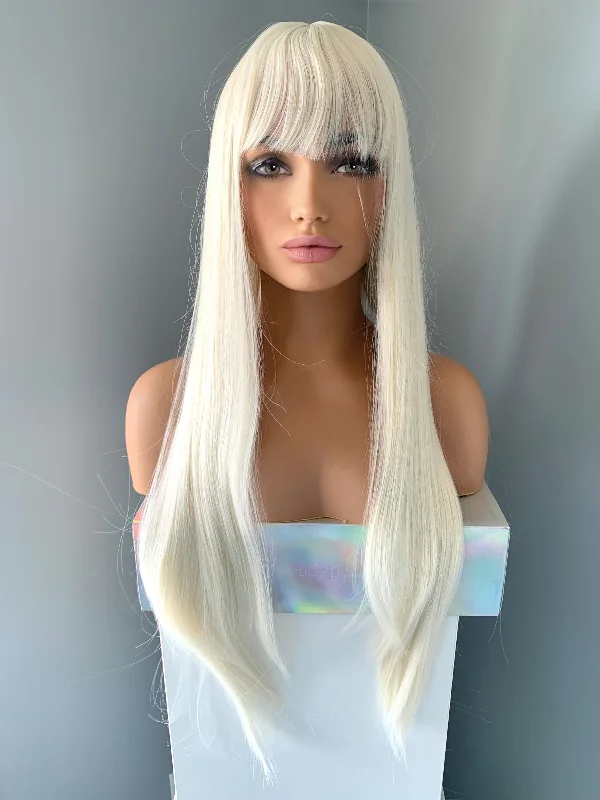 Layered bob wig to add volume and dimension"Becky" - Long White Blonde Wig With Bangs