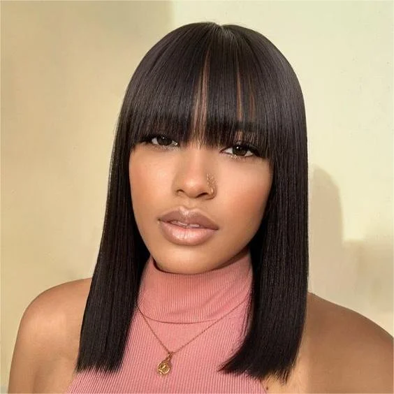 Heat - resistant bob wig for styling versatilityGlueless Wigs Bob Wig Clousure Lace Black Color Human Hair Wig With Bangs