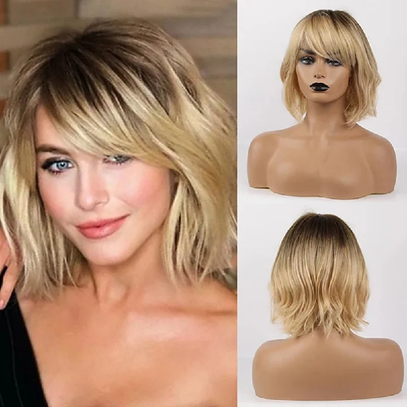 Human - hair wig with a wavy texture for a beachy and relaxed lookBlended Remy Hair Bob Wig with Bangs