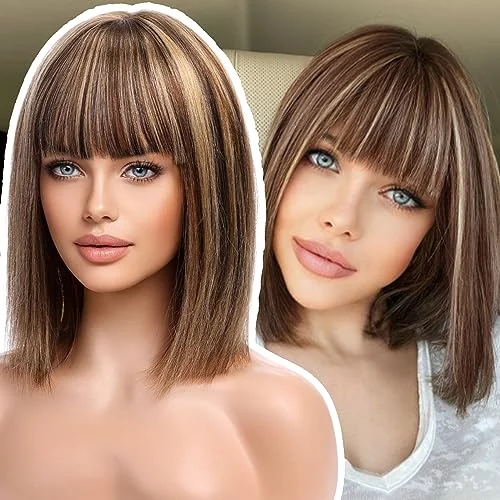 Malaysian - human - hair wig with a smooth and silky textureBrown Mixed Blonde Highlights Bob Wig