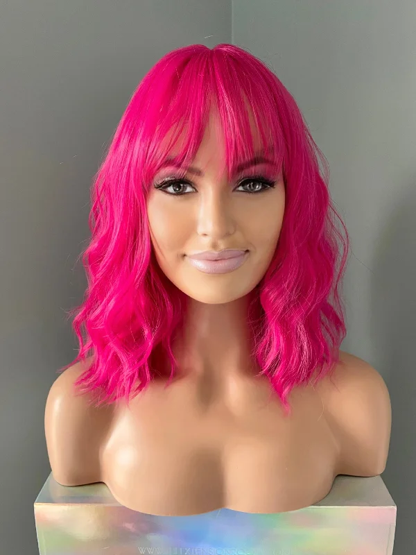 Adjustable - cap bob wig for a comfortable fit"Cerise" - Short Neon Pink Wig With Bangs