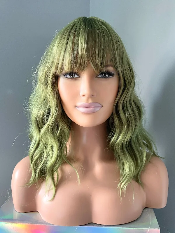 Bob wig with auburn highlights for a warm and vibrant appearance"Clover" -  Short Green Wig with Bangs