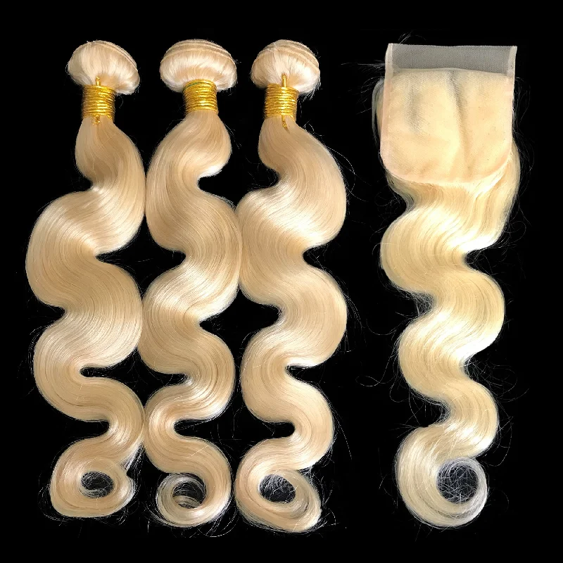 Long - length braided wigs for a glamorous and voluminous style9A Malaysian Platinum Blonde  3 Bundle Set Body Wave w/4"x4" Lace Closure