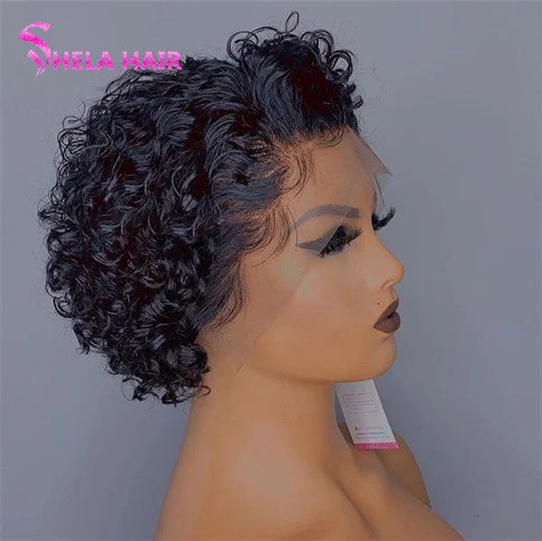 Bob wig with side - swept bangs for a sophisticated lookPixie Curl Bob Wig Human Hair Lace Wigs