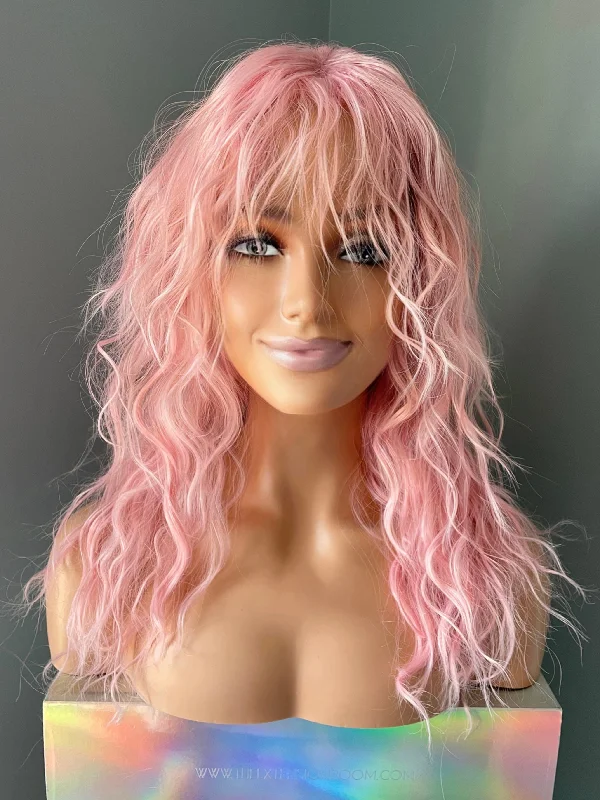 Short - bob wig for a super - sleek and minimalist styleCurly Women's 80's Wig with Bangs - Pink