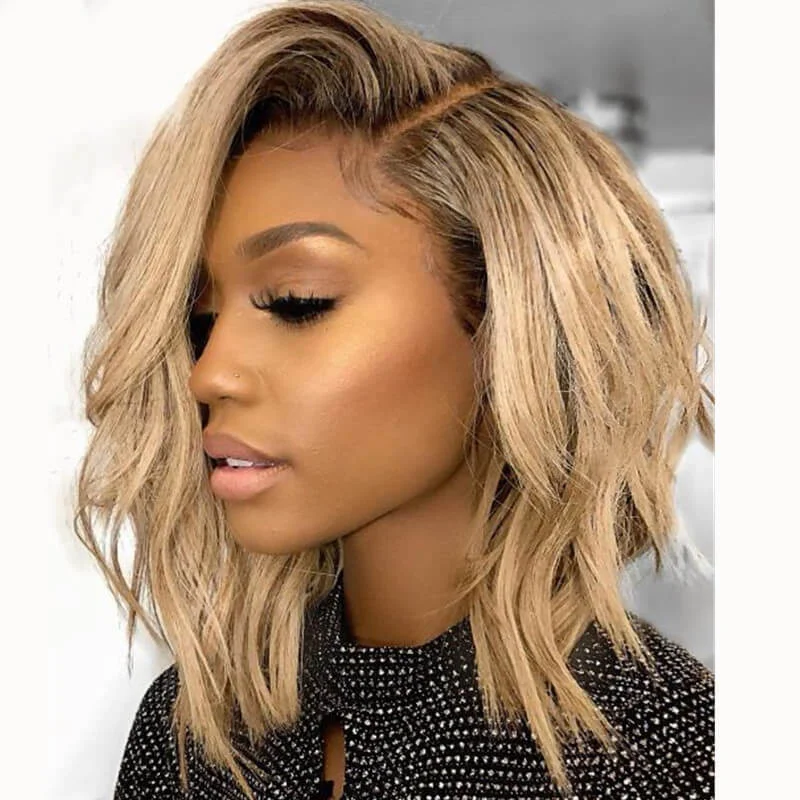 Synthetic bob wig with a natural - looking textureDirty Rooted Honey Blonde Wig Straight Choppy Cut