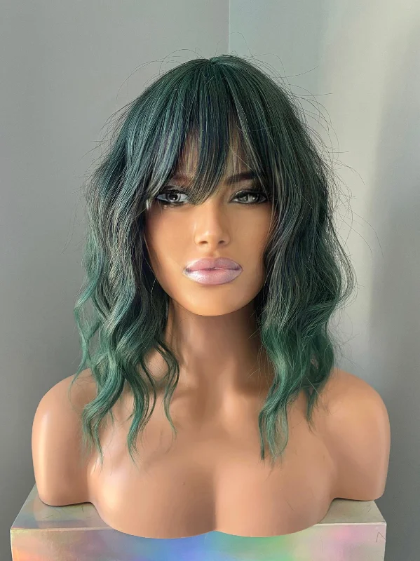 Bob wig with side - swept bangs for a sophisticated look"Emerald" -  Short Green Wig with Bangs