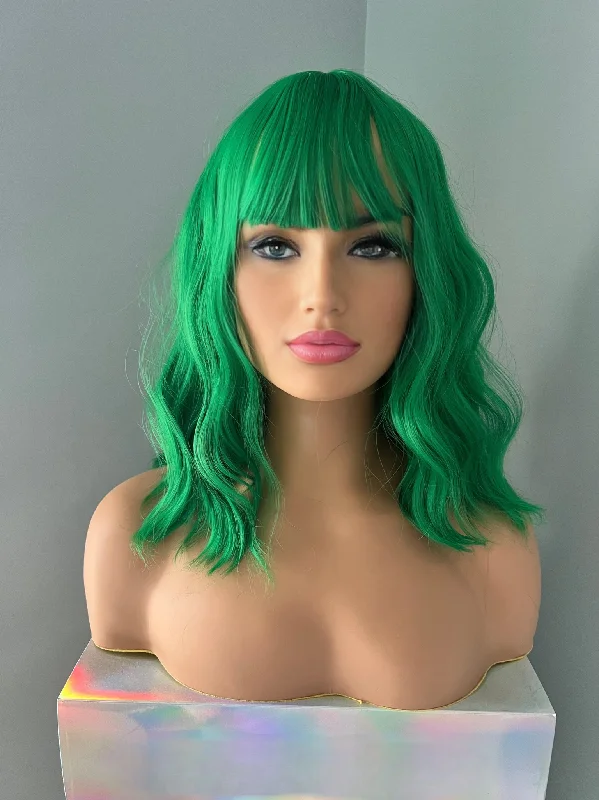 Bob wig with a blunt cut for a modern and edgy style"Fern" -  Short Green Wig with Bangs