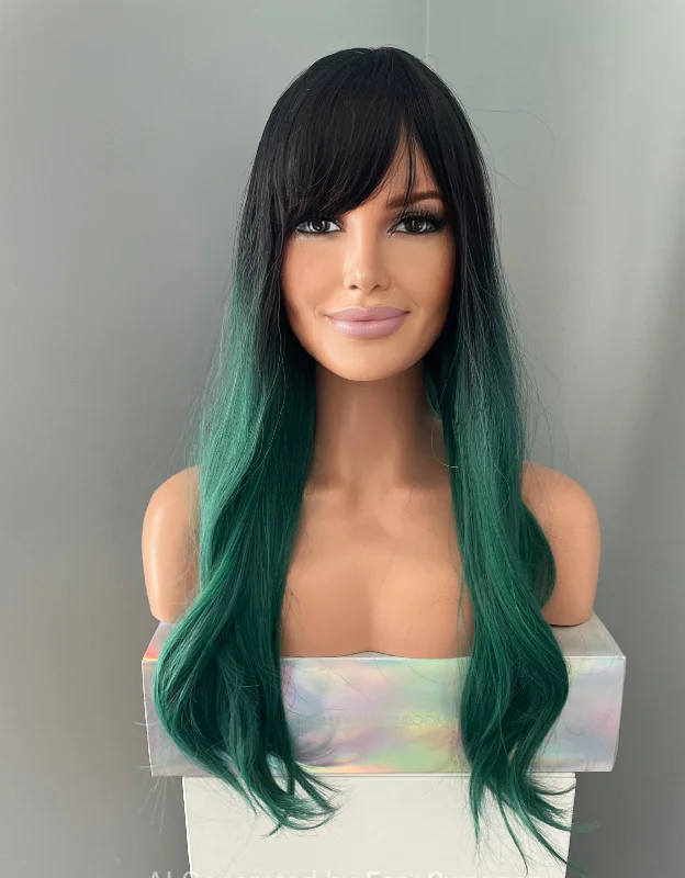 Adjustable - cap bob wig for a comfortable fit"Gemma" -  Long Green Rooted Wig with Bangs