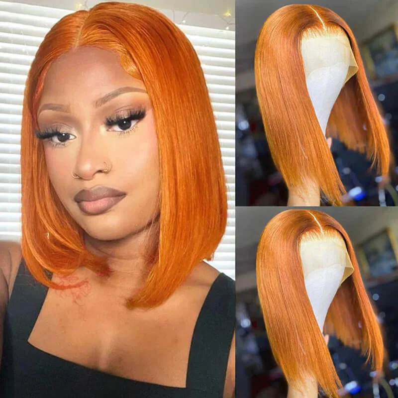 Bob wig with a wavy texture for a beachy lookShort Bob Wig Straight Wig 180% Density Ginger Human Hair Wig