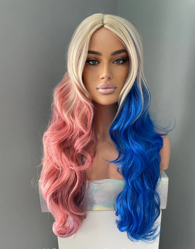 Ash - blonde bob wig for a trendy and cool - toned look"Harley Quinn" - Long Pink Blue Costume Wig