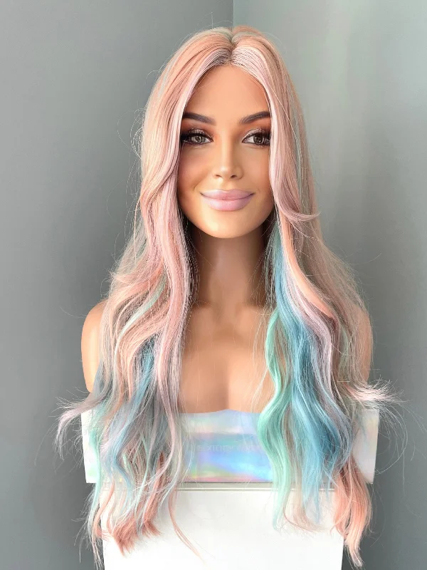 Bob wig with a wavy texture for a beachy look"Harmony" - Long Wavy Pastel Rainbow Wig