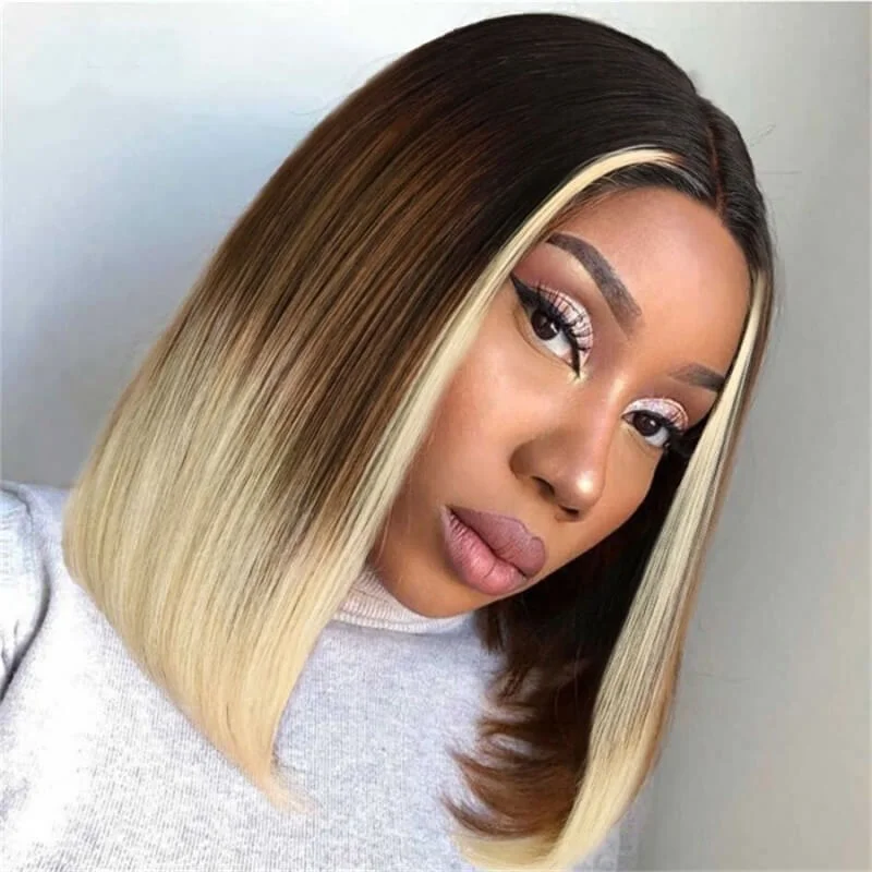 Synthetic bob wig with a natural - looking textureHighlight Ombre Brown to Blonde 613 Bob Transparent Lace Wig