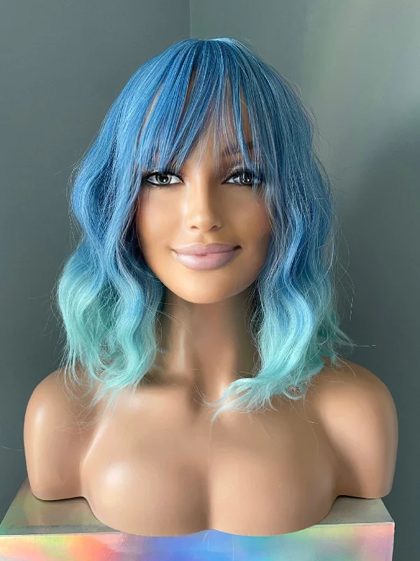 Lace - front bob wig for a seamless hairline"Isla" - Short Ombre Blue Body Wave Wig with Bangs