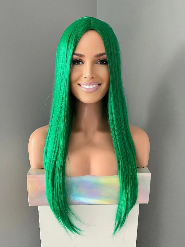 Bob wig with side - swept bangs for a sophisticated look"Ivy" -  Striaght Long Green Wig