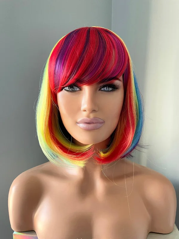 Bob wig with side - swept bangs for a sophisticated look"Joy" - Bright Rainbow Bob Wig with Bangs