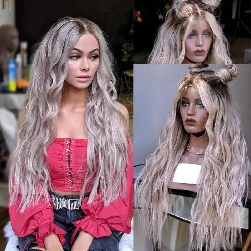 Human - hair wig with a 180 - density for a full and thick appearanceKylee - Long Ash Blonde Ombre Lace Front Human Hair 13x4 Brazilian Remy Wave Wig