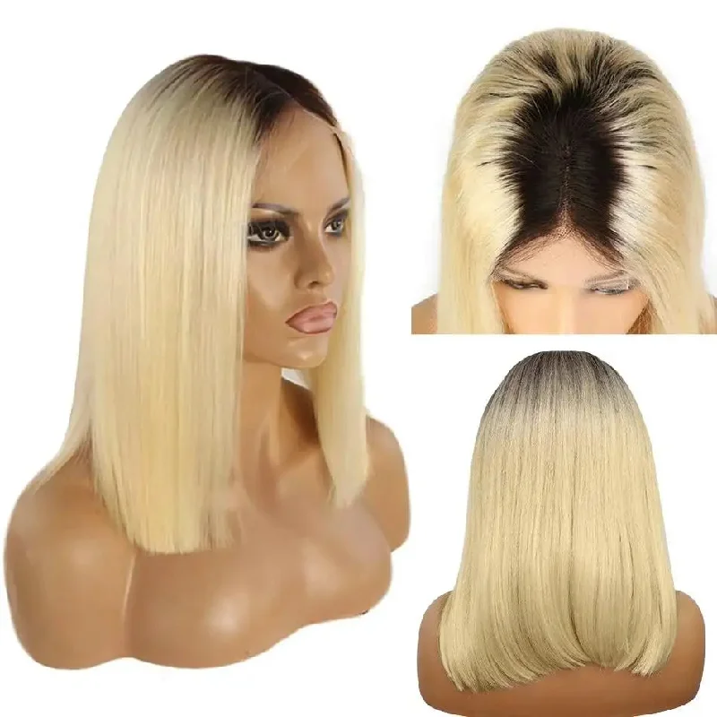 Human - hair wig with a pre - plucked hairline for a more natural lookLavette  Platinum Dark Rooted 13x4  Lace Front Human Hair Wigs