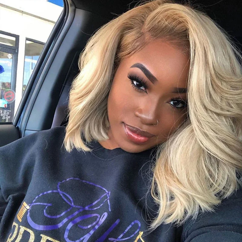 Bob wig with a wavy texture for a beachy lookLight Rooted #613 Blonde Transparent Lace Bob Wig Wavy 180% Density