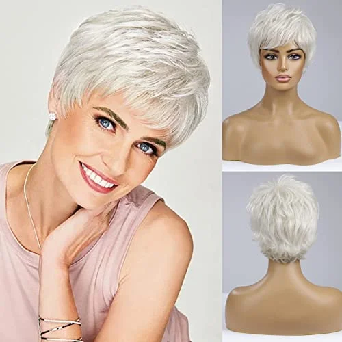 Human - hair wig with a middle - part for a classic and elegant styleLight Silver Grey Hair Pixie Cut Human Hair Blend Wig