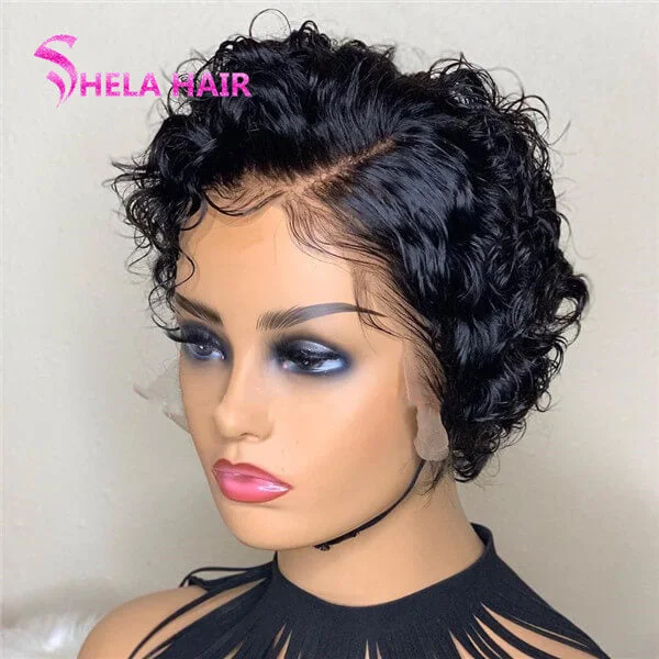 Bob wig with a pre - plucked hairline for a more natural lookLoose Curl Pixie Cut Short Bob Wig