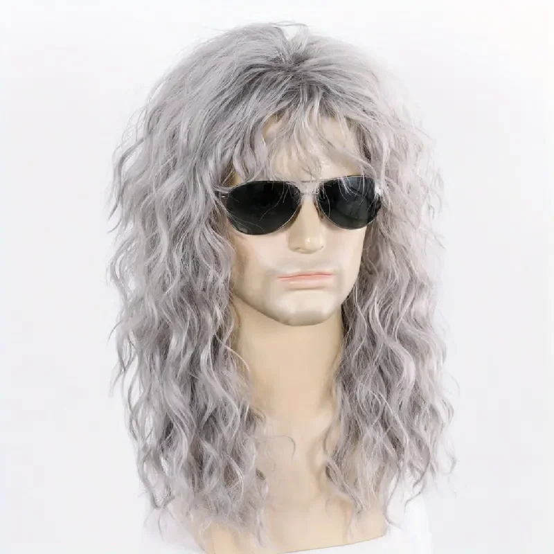 Bob wig with a blunt cut for a modern and edgy styleMen's Long Mullet Wig - Silver