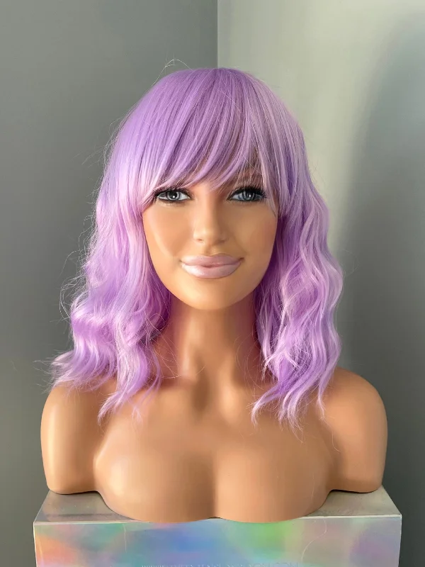 Bob wig with auburn highlights for a warm and vibrant appearance"Mira" -Short Pastel Purple Body Wave Wig with Bangs