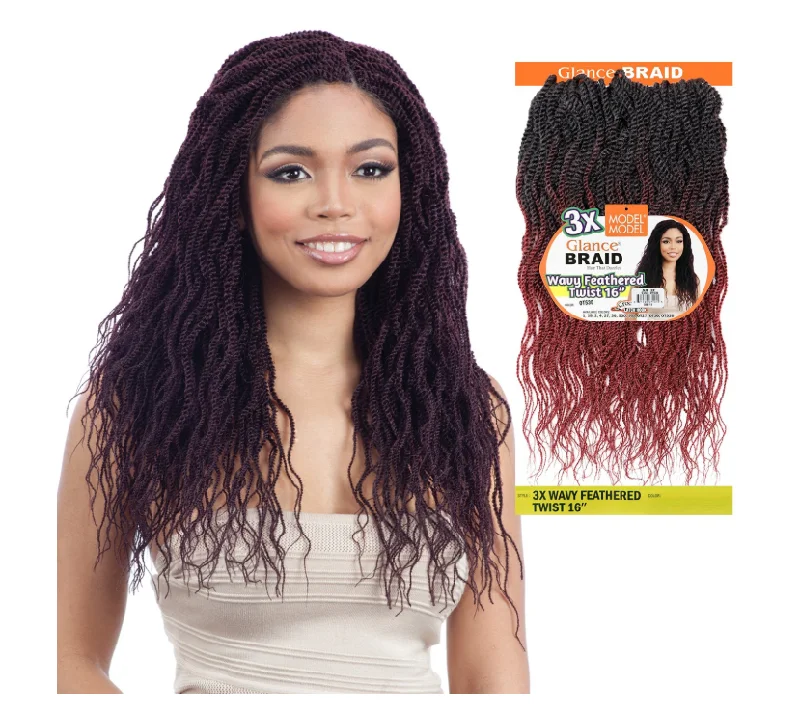 Colored braided wigs with a rainbow ombre effectMODEL MODEL GLANCE BRAID 3X WAVY FEATHERED TWIST 16"