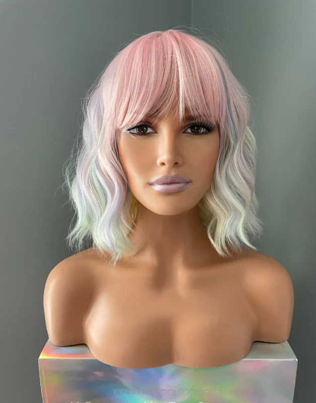 Bob wig with a monofilament cap for a breathable feel"Opal" - Pastel Rainbow Bodywave Wig with Bangs