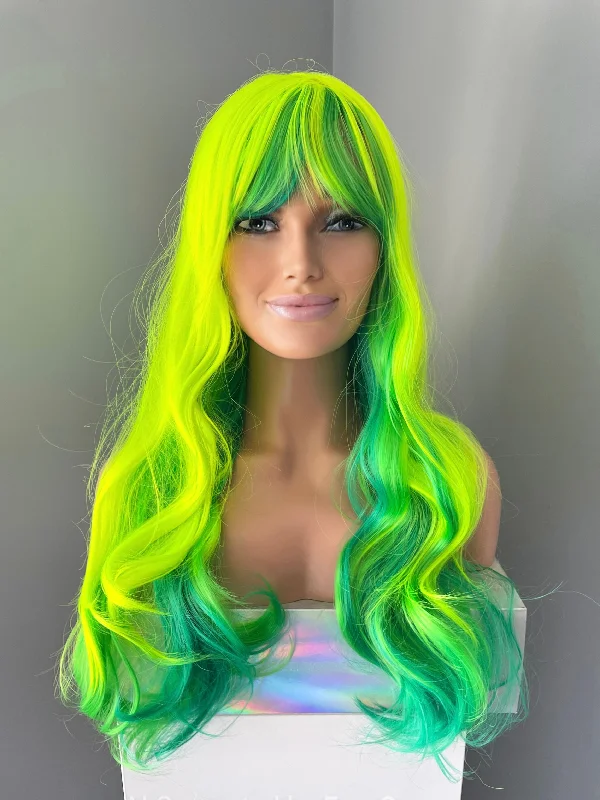 Bob wig with a pre - plucked hairline for a more natural look"Prism" - Long Neon Green Yellow Wig With Bangs