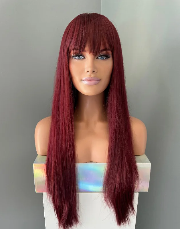 Layered bob wig to add volume and dimension"Raven" - Long Red Silky Straight Wig with Bangs