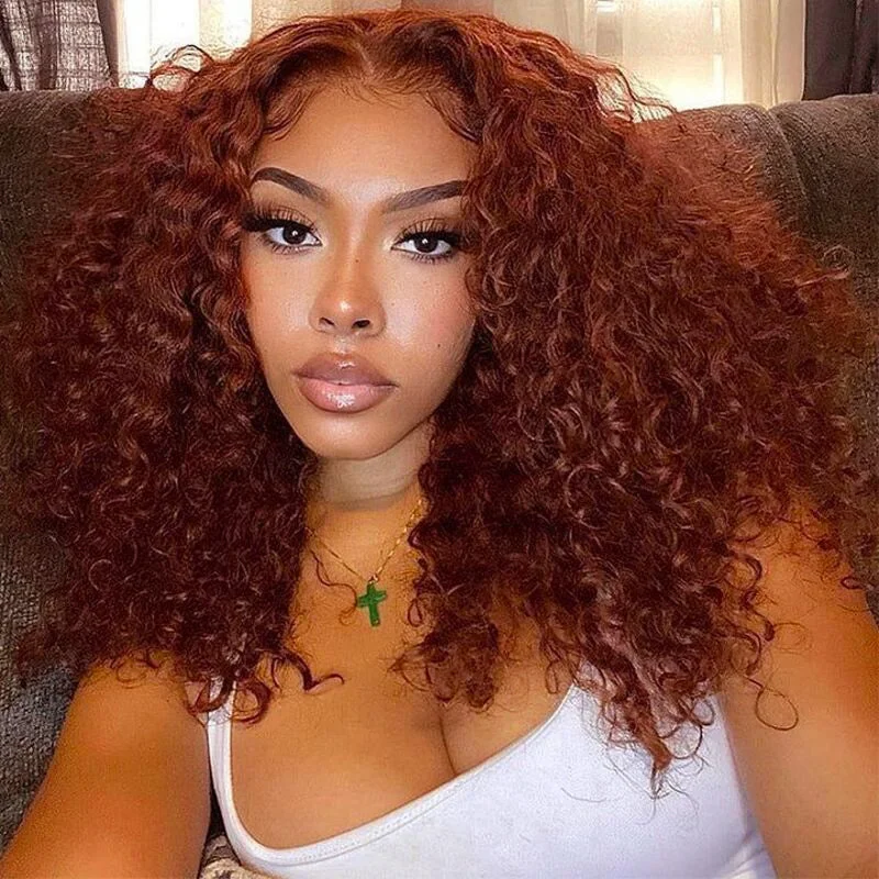 Bob wig with a monofilament cap for a breathable feel#33 Reddish Brown Short Bob Curly Hair Transparent Lace 180% Density