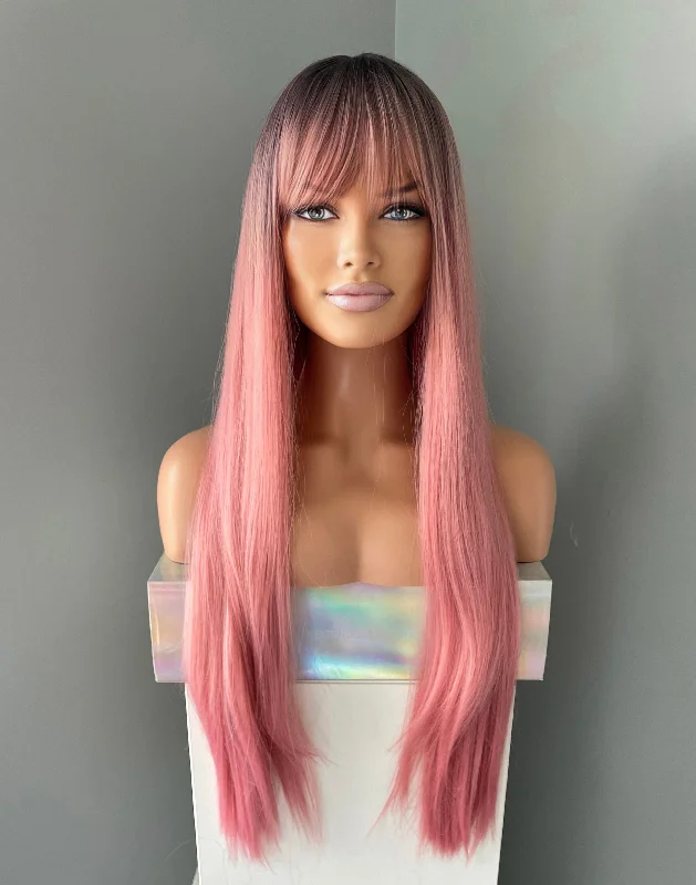 Bob wig with auburn highlights for a warm and vibrant appearance"Rosalie" - Long Pink Silky Straight Wig with Bangs