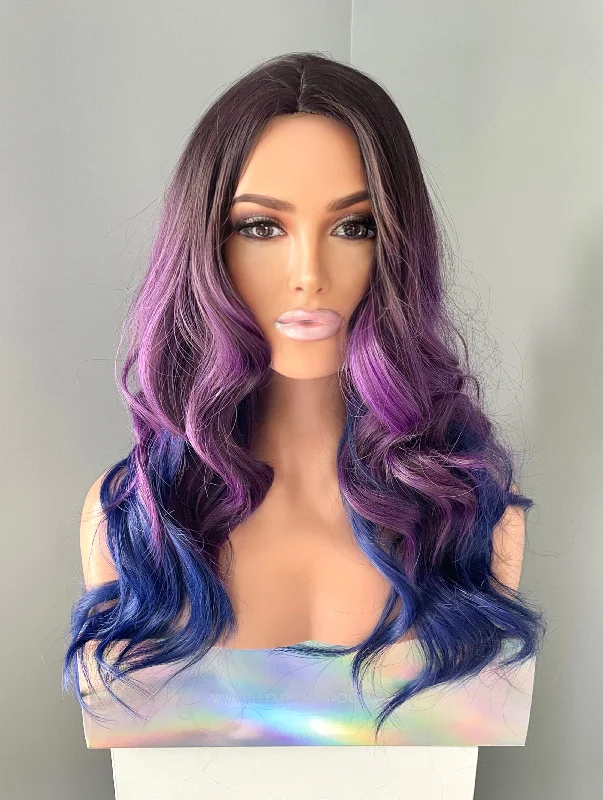 Lace - front bob wig for a seamless hairline"Sapphire" - Long Two Tone Wig Purple and Blue Ombre