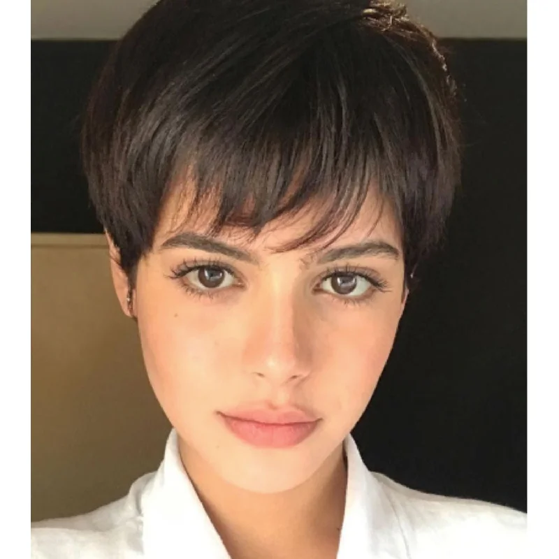 Human - hair wig with a straight texture for a sleek and minimalist lookSleek Human Hair Natural Short Brazilian Pixie Cut Ombre Colored Wigs