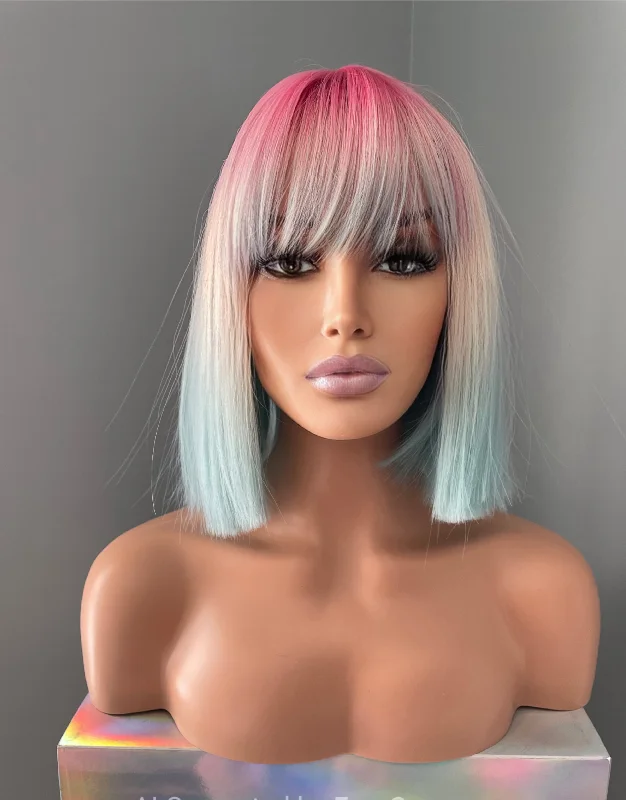 Petite bob wig suitable for women with small faces"Starlette" - Short Pink Blue Ombre Rainbow Wig with Bangs