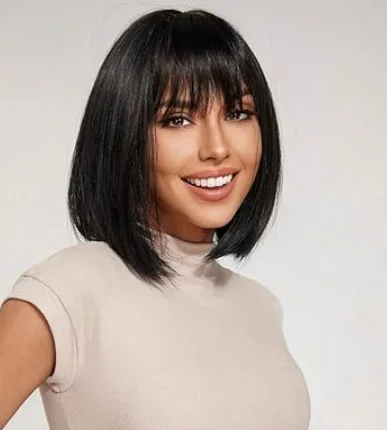 Adjustable - cap human - hair wig for a comfortable fitStraight Bob Wig with Bangs Human Hair