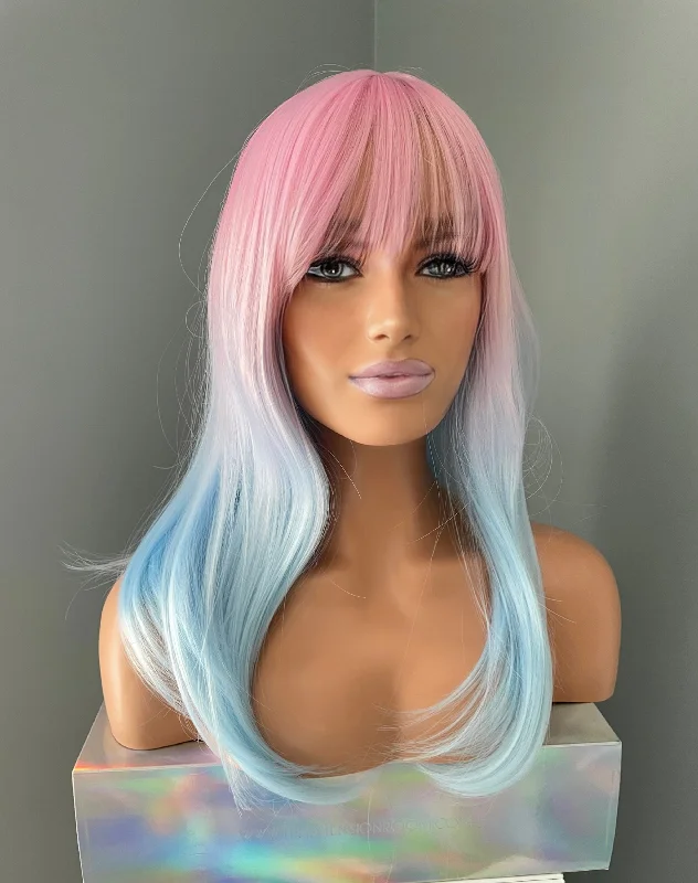 Ash - blonde bob wig for a trendy and cool - toned look"Sugar" - Pink Blue Ombre Rainbow Wig with Bangs