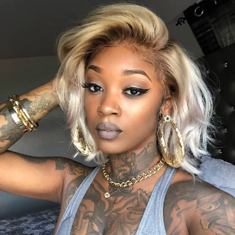 Bob wig with a blunt cut for a modern and edgy styleWavy Dirty Root 613 Blonde Bob Transparent Lace Wig