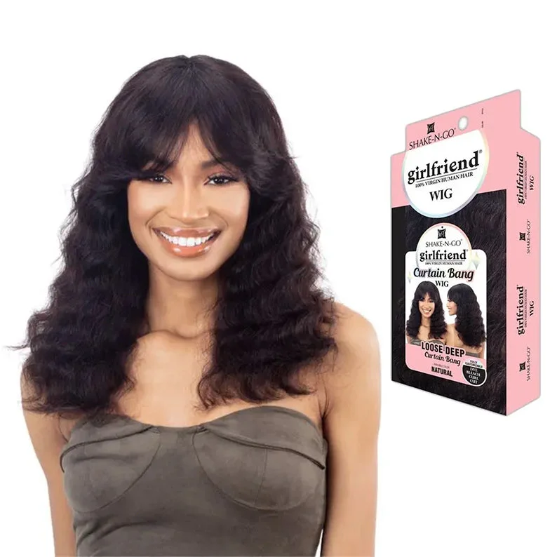 Lace wig with a side - part for a more flattering lookSHAKE N GO Girlfriend 100% Virgin Human Hair Curtain Bang Wig - LOOSE DEEP